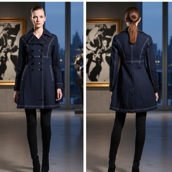 Navy Blue pea double breasted trench coat jacket - Picture 1 of 5